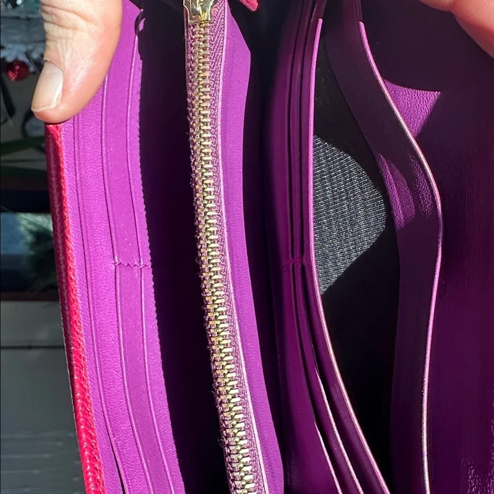BVLGARI Clip Leather Long Bifold pink with purple interior Wallet.